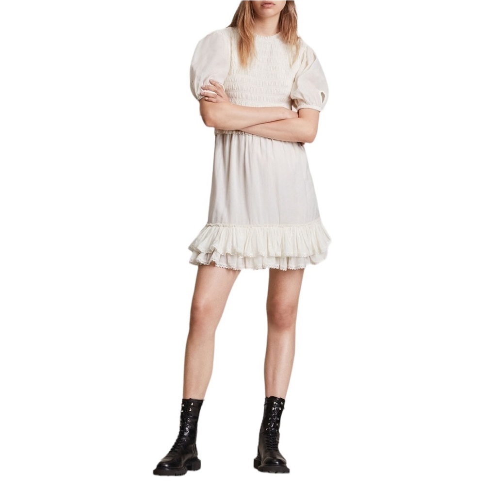 ALLSAINTS Jaya Ruffled Mini Dress White Smocked Bodice Cotton Blend Size US 6